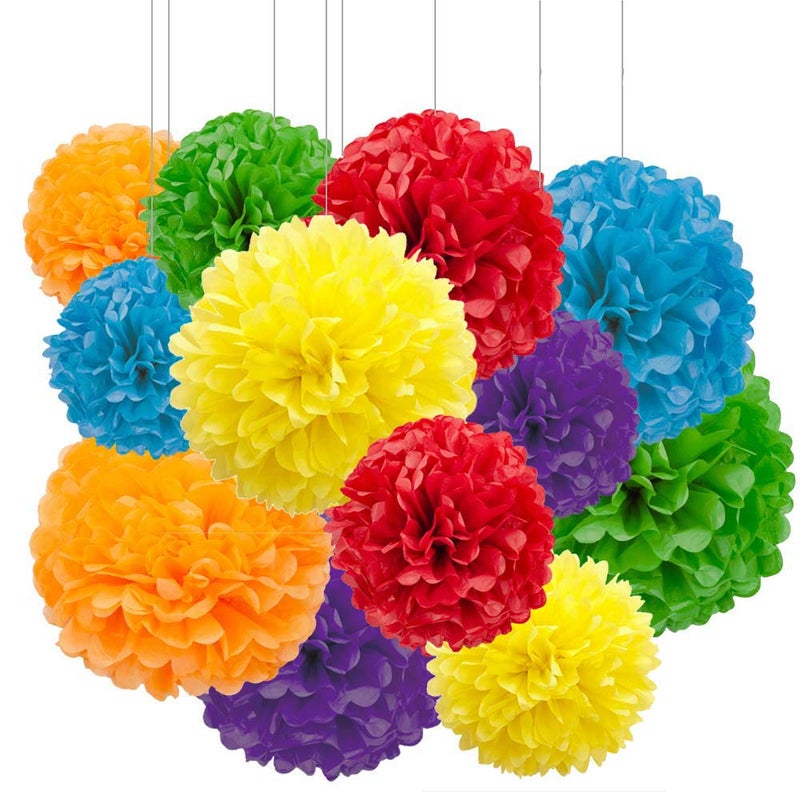 Aimto 12pcs Rainbow Paper Pom Poms Decorations for Party Ceiling Wall Hanging Tissue Flowers Decorations - 6 Colors of 12 Inch, 10 Inch - Image 1